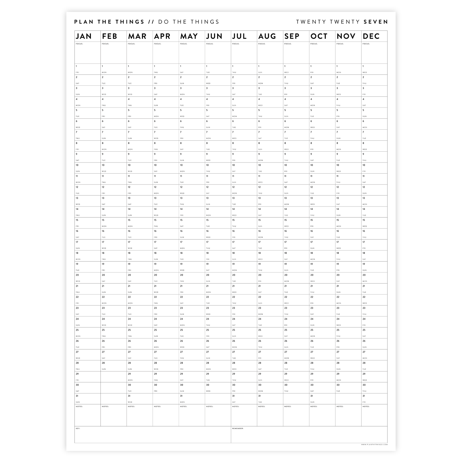 PRINTABLE VERTICAL 2027 WALL CALENDAR (MINIMAL / CLEAR) - INSTANT DOWNLOAD