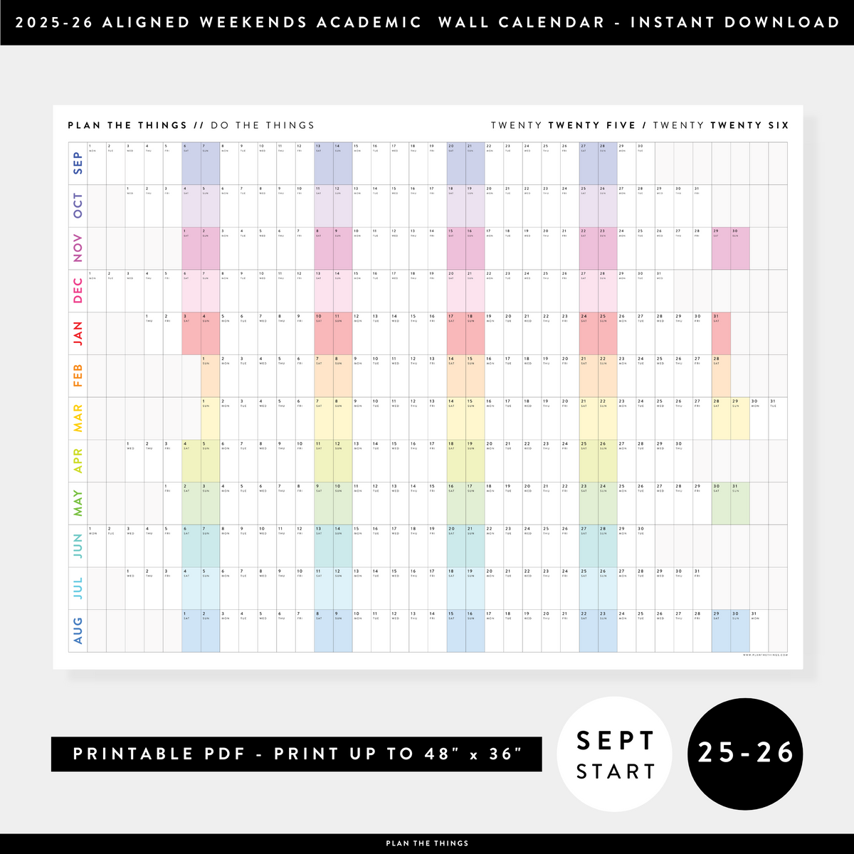 NEW! PRINTABLE SEPTEMBER START 2025 - 2026 HORIZONTAL ACADEMIC WALL CALENDAR WITH ALIGNED WEEKENDS - INSTANT DOWNLOAD PRINT UP TO 48" x 36"