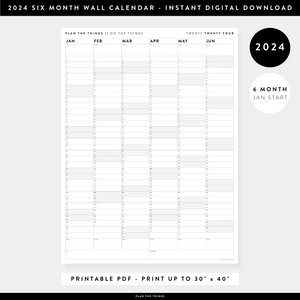 PRINTABLE SIX MONTH 2024 WALL CALENDAR (JANUARY TO JUNE) WITH GRAY WEEKENDS - INSTANT DOWNLOAD