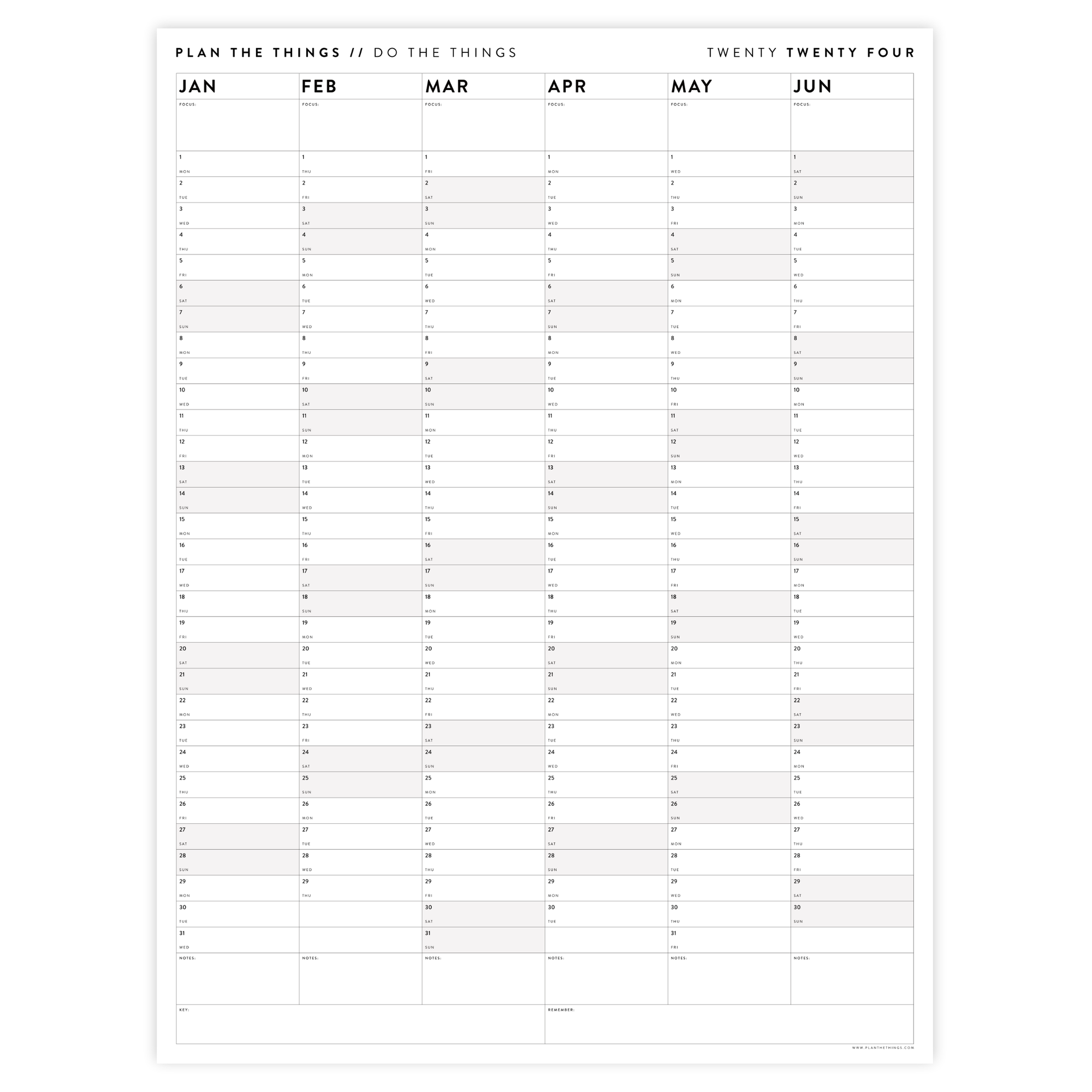 PRINTABLE SIX MONTH 2024 WALL CALENDAR SET WITH GRAY WEEKENDS - INSTANT DOWNLOAD