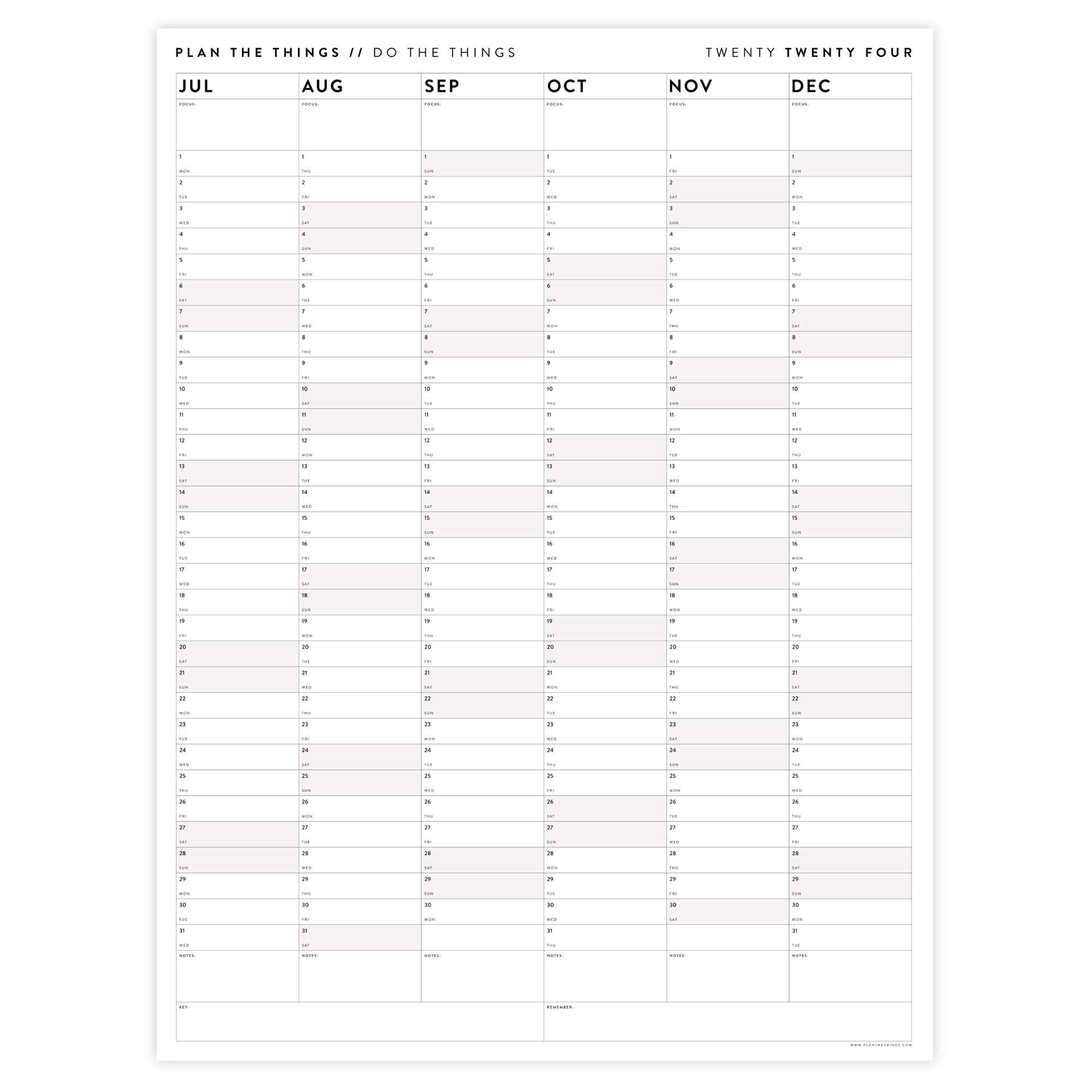 SIX MONTH 2024 GIANT WALL CALENDAR (JULY TO DECEMBER) WITH GRAY WEEKENDS