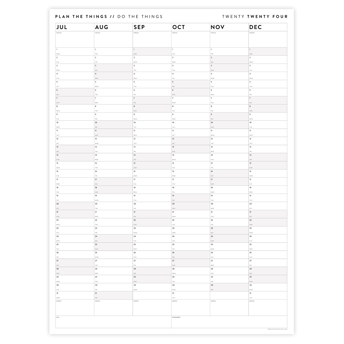PRINTABLE SIX MONTH 2024 WALL CALENDAR (JULY TO DECEMBER) WITH GRAY WE