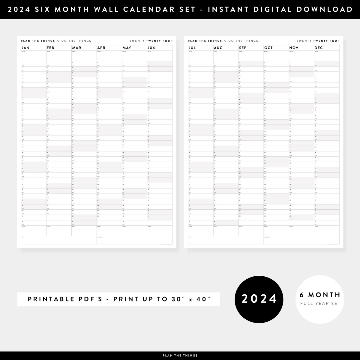 PRINTABLE SIX MONTH 2024 WALL CALENDAR SET WITH GRAY WEEKENDS INSTAN
