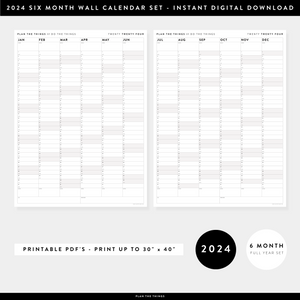 PRINTABLE SIX MONTH 2024 WALL CALENDAR SET WITH GRAY WEEKENDS - INSTANT DOWNLOAD