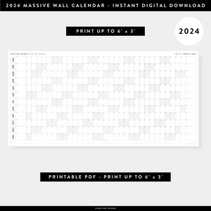 PRINTABLE 6' x 3' MASSIVE 2024 WALL CALENDAR WITH GRAY WEEKENDS - INSTANT DOWNLOAD
