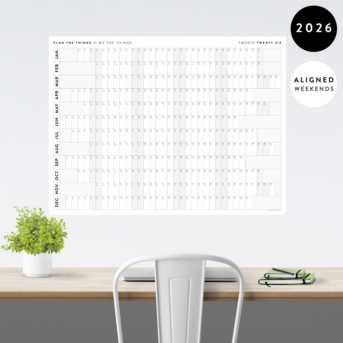 NEW! PRINTABLE 2026 HORIZONTAL WALL CALENDAR WITH ALIGNED WEEKENDS - INSTANT DOWNLOAD PRINT UP TO 48" x 36" - GRAY
