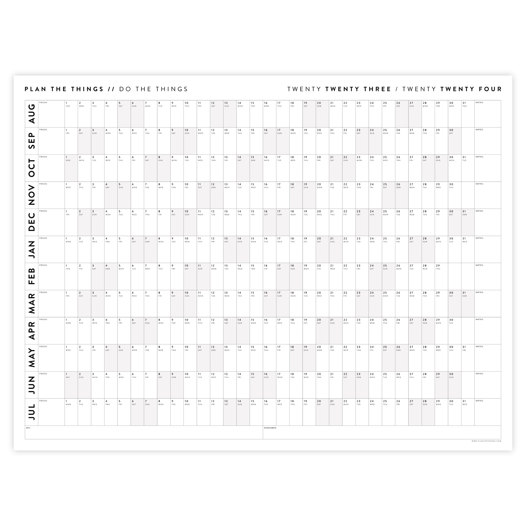 PRINTABLE 2023 / 2024 ACADEMIC WALL CALENDAR (AUGUST START) | HORIZONTAL WITH GRAY / GREY WEEKENDS - INSTANT DOWNLOAD