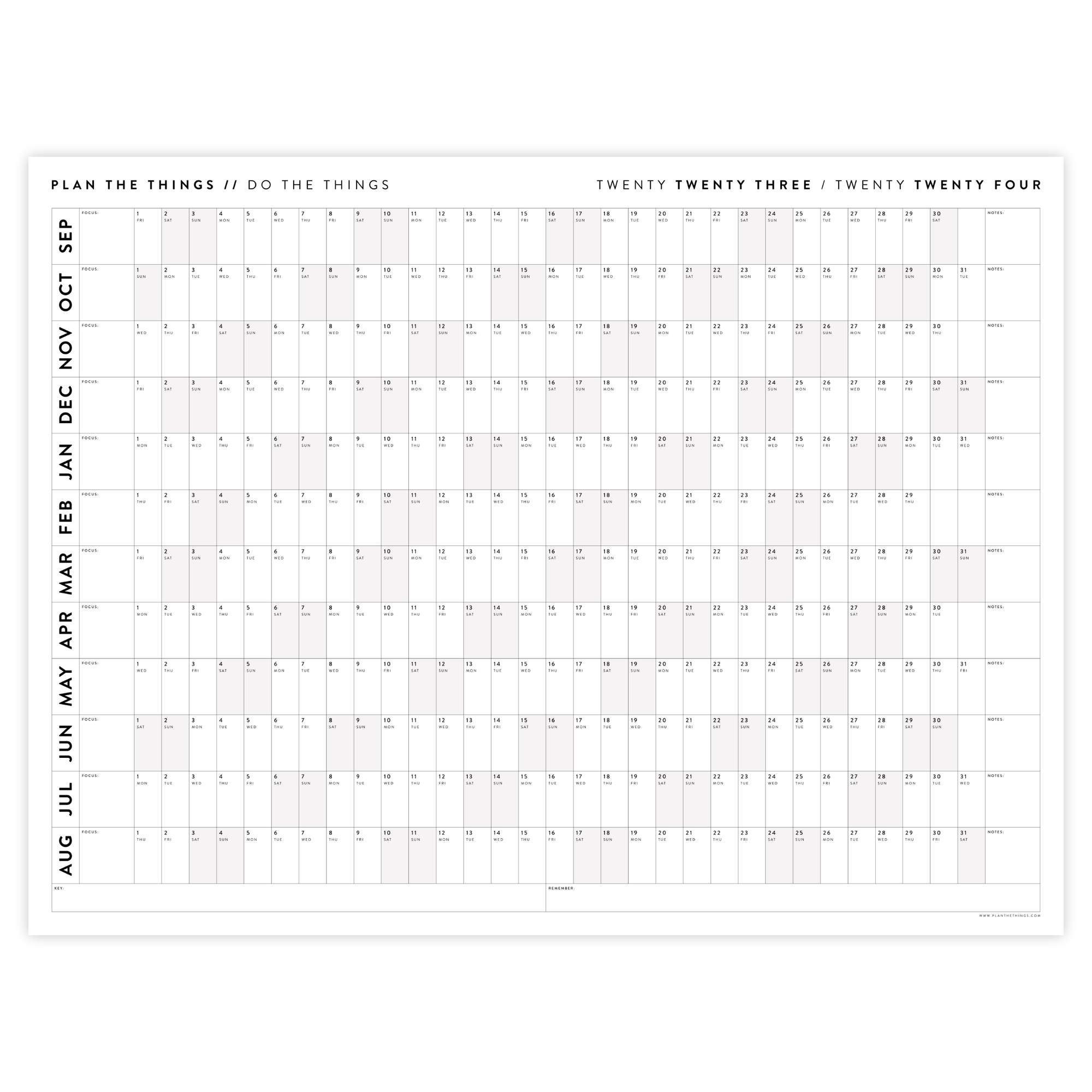PRINTABLE 2023 / 2024 ACADEMIC WALL CALENDAR (SEPTEMBER START) | HORIZONTAL WITH GRAY / GREY WEEKENDS - INSTANT DOWNLOAD