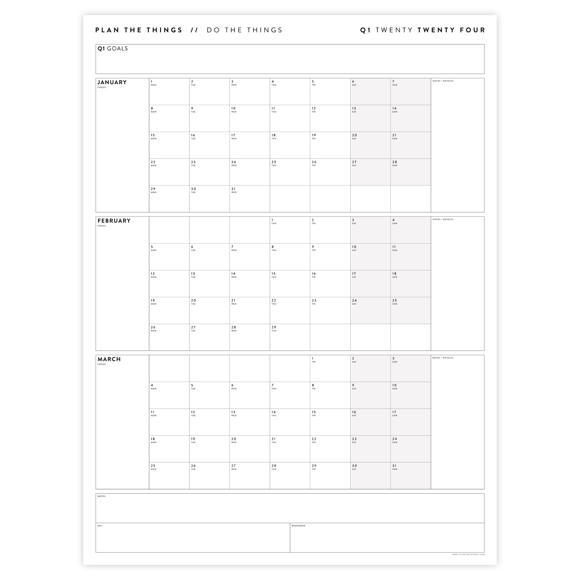 PRINTABLE Q1 (JANUARY - MARCH) 2024 QUARTERLY WALL CALENDAR (GREY / GRAY) - INSTANT DOWNLOAD