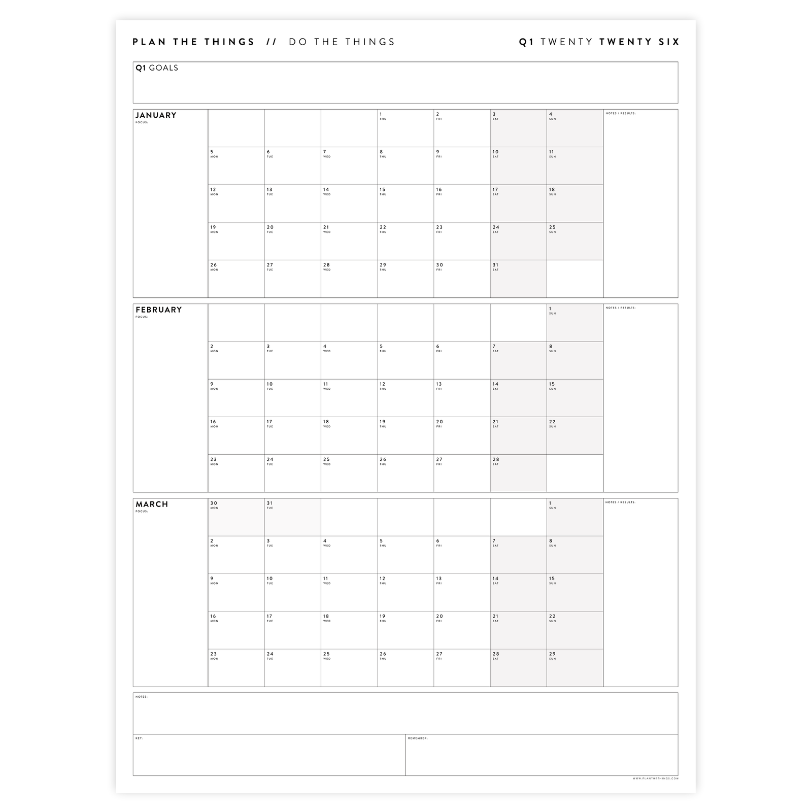 Q1 2026 QUARTERLY GIANT WALL CALENDAR (JANUARY - MARCH 2026) - GRAY WEEKENDS