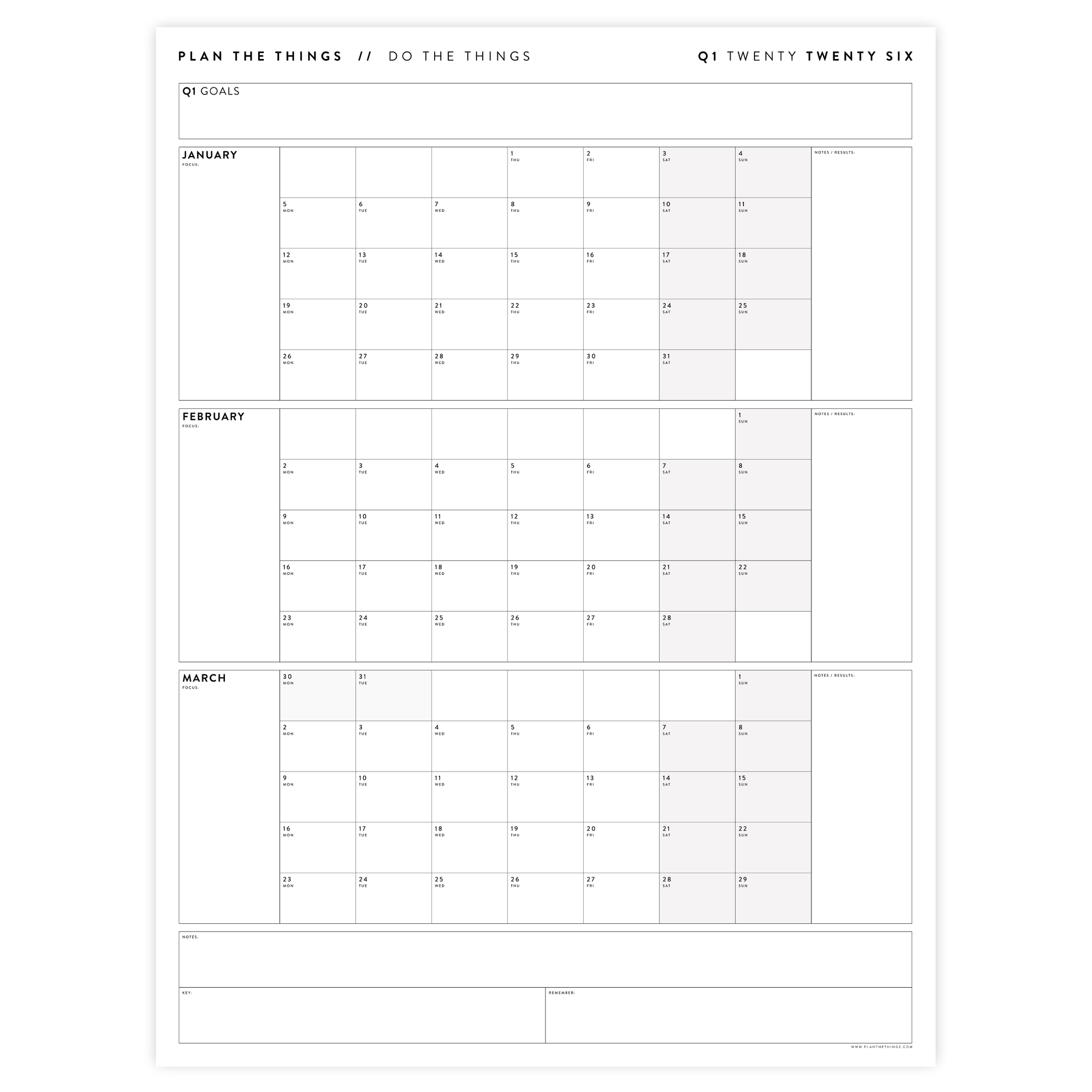 Q1 2026 QUARTERLY GIANT WALL CALENDAR (JANUARY - MARCH 2026) - GRAY WEEKENDS