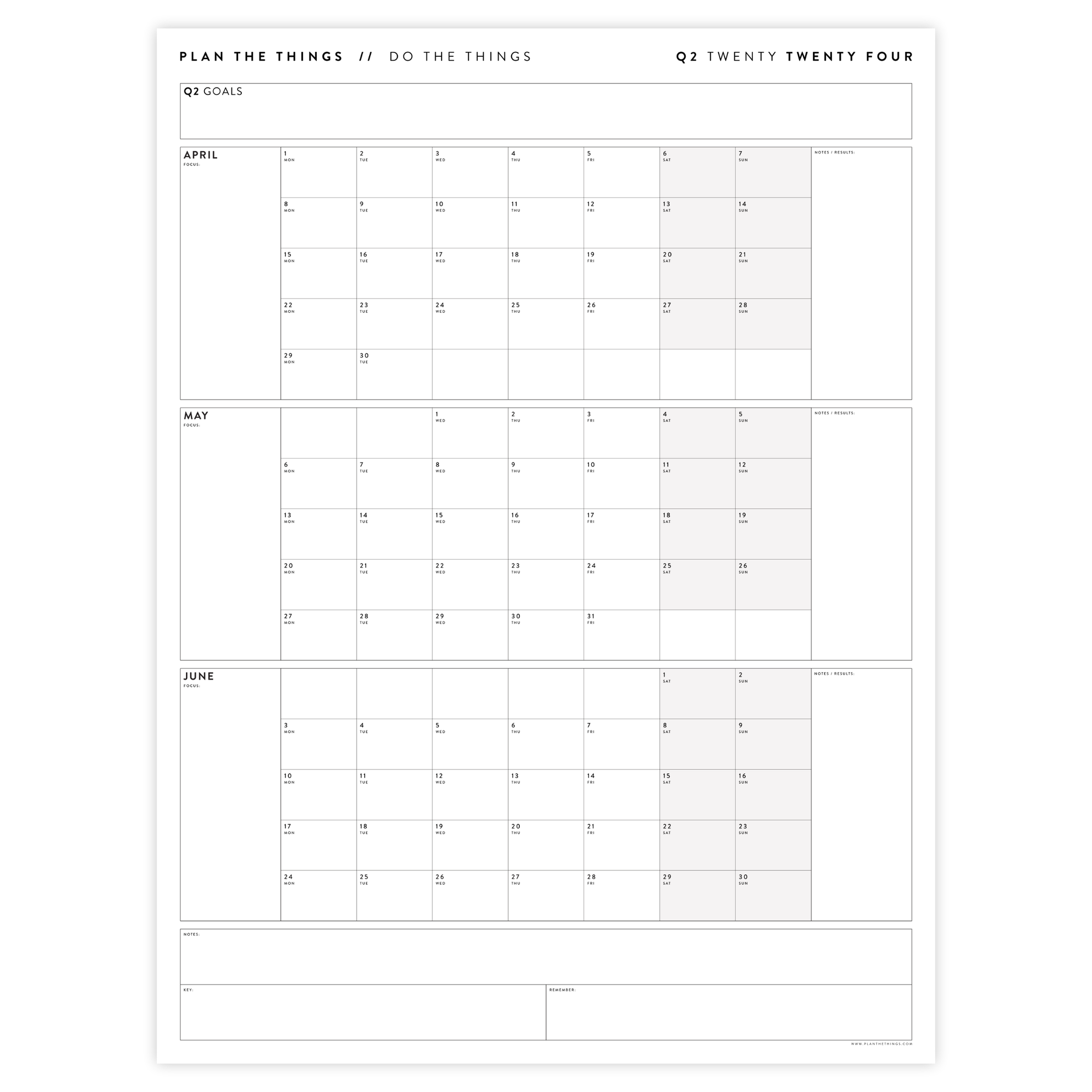 Q2 2024 QUARTERLY GIANT WALL CALENDAR (APRIL - JUNE 2024) - GREY / GRAY WEEKENDS