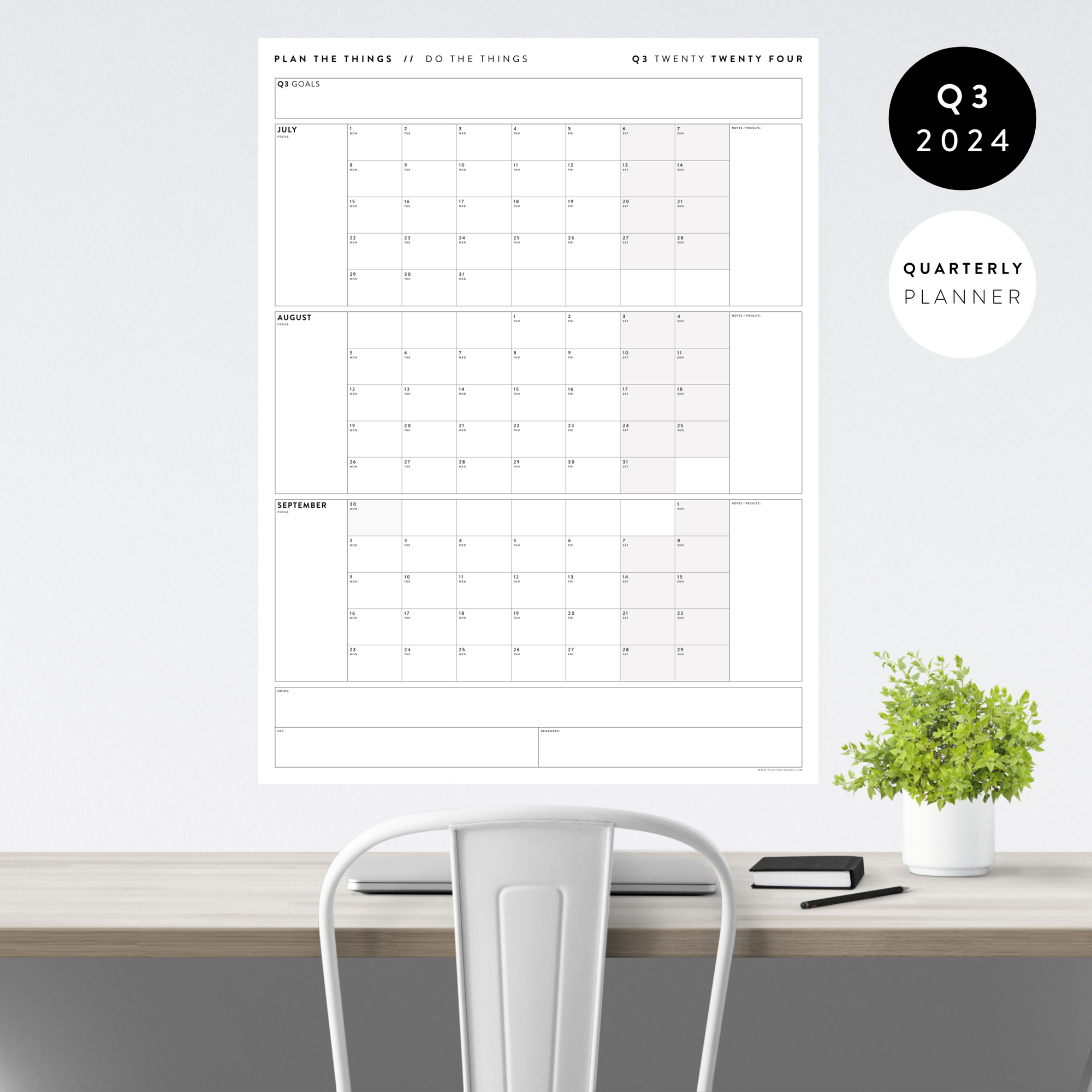 Q3 2024 QUARTERLY GIANT WALL CALENDAR (JULY - SEPTEMBER 2024) - GRAY / GREY WEEKENDS