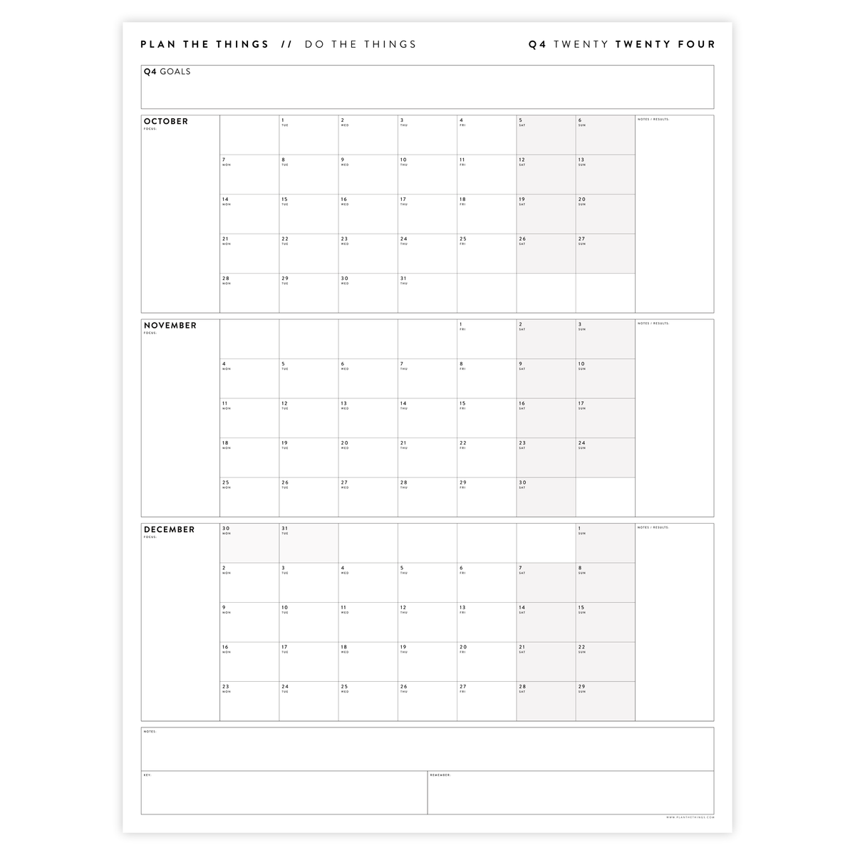 Q4 2024 QUARTERLY GIANT WALL CALENDAR (OCTOBER - DECEMBER 2024) - GRAY / GREY WEEKENDS