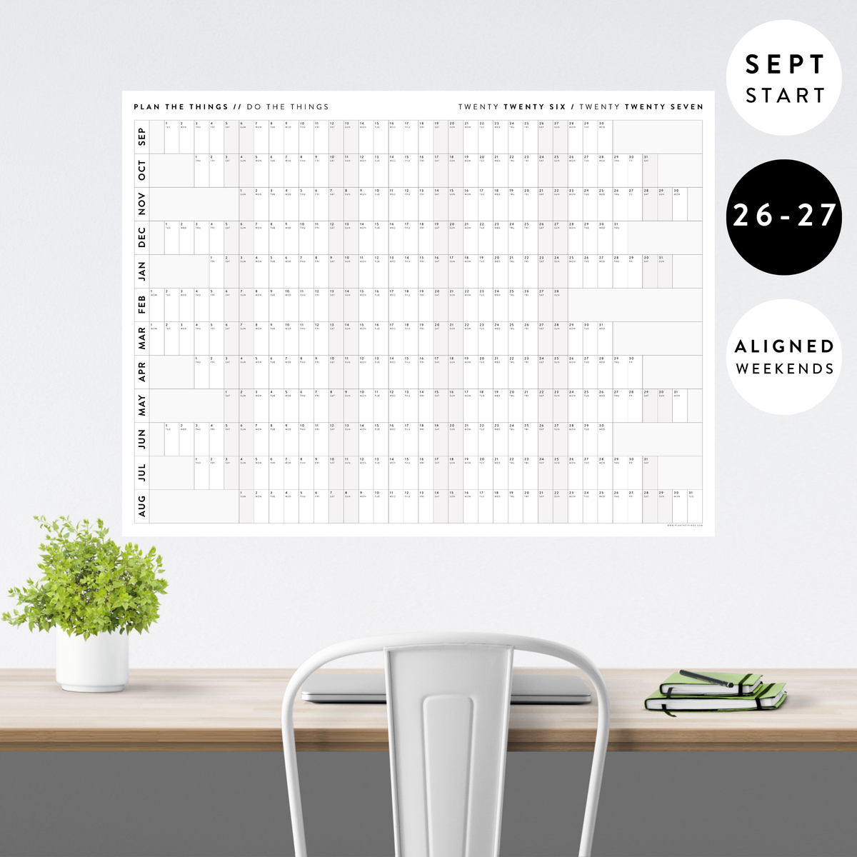 NEW! PRINTABLE SEPTEMBER START 2026 - 2027 HORIZONTAL ACADEMIC WALL CALENDAR WITH ALIGNED GRAY WEEKENDS - INSTANT DOWNLOAD
