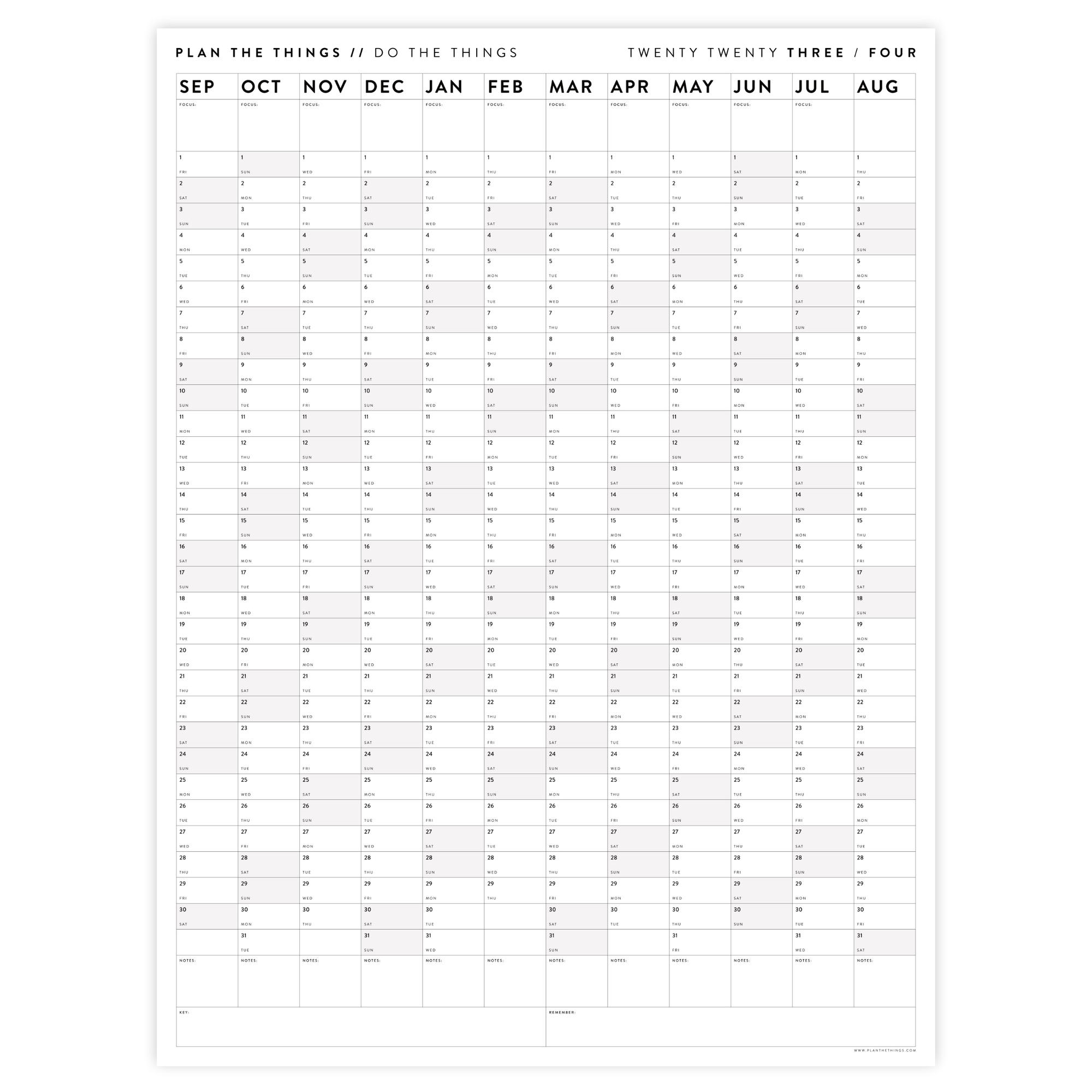 PRINTABLE 2023 / 2024 ACADEMIC WALL CALENDAR (SEPTEMBER START) | VERTICAL WITH GRAY / GREY WEEKENDS - INSTANT DOWNLOAD