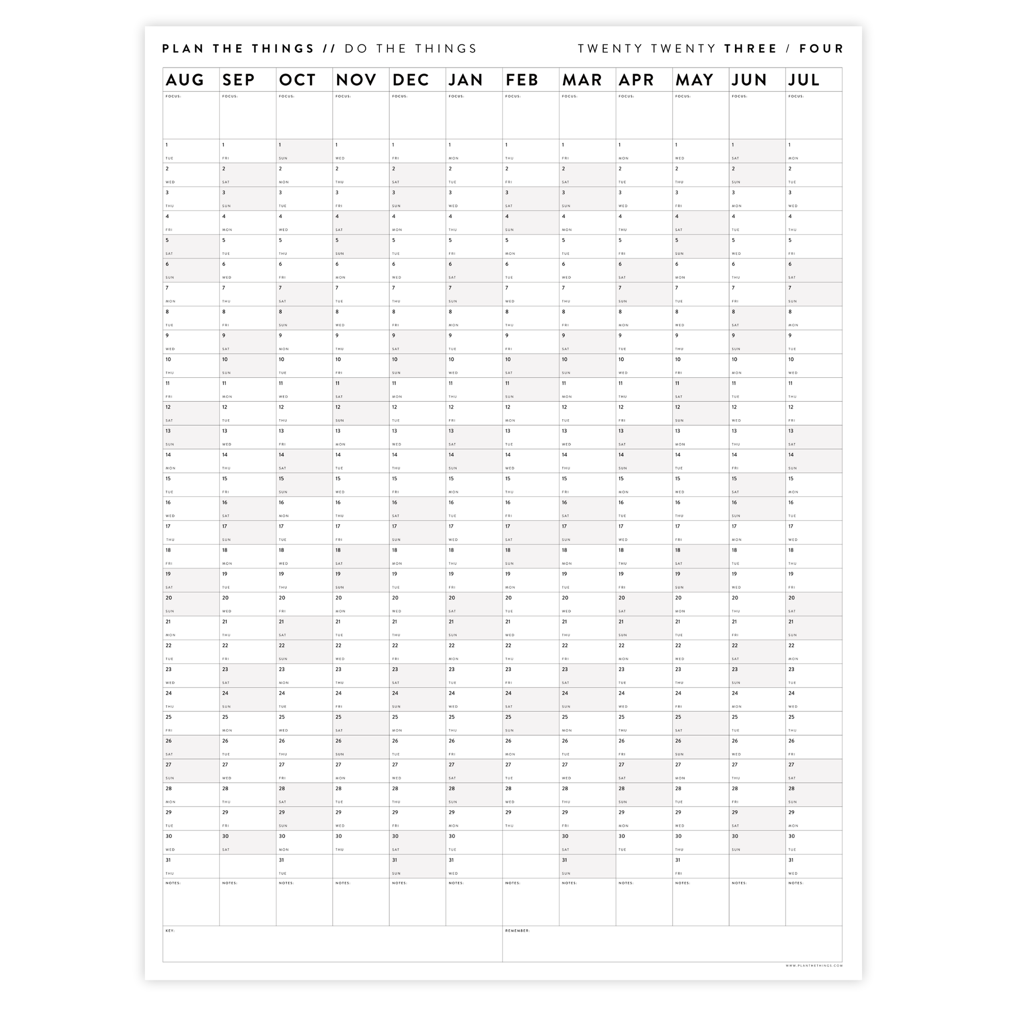 PRINTABLE 2023 / 2024 ACADEMIC WALL CALENDAR (AUGUST START) | VERTICAL WITH GRAY / GREY WEEKENDS - INSTANT DOWNLOAD
