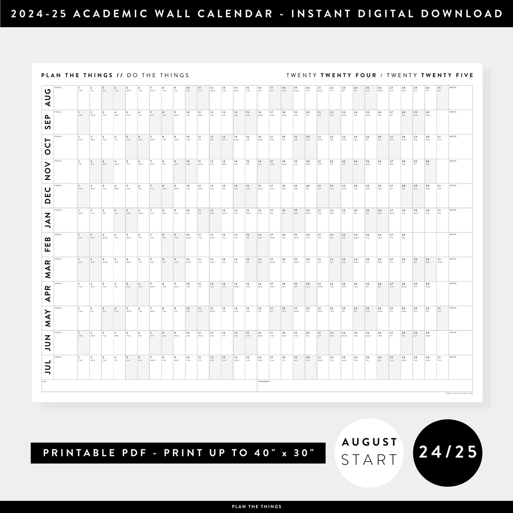 PRINTABLE 2024 - 2025 ACADEMIC WALL CALENDAR (AUGUST START) | HORIZONT - Plan The Things printable-2024-2025-academic-wall-calendar-august-start-horizont-plan-the-things