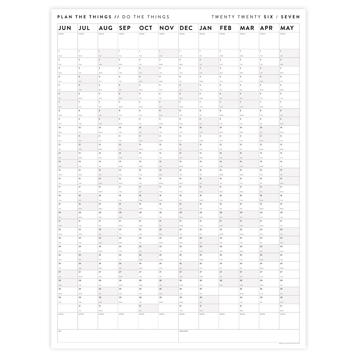 PRINTABLE 2026 - 2027 ACADEMIC WALL CALENDAR (JUNE START) | VERTICAL WITH GRAY WEEKENDS - INSTANT DOWNLOAD