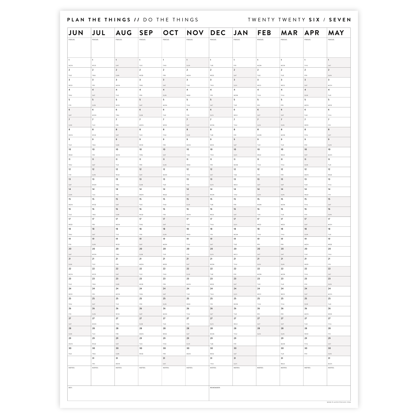 2026 - 2027 ACADEMIC WALL CALENDAR (JUNE START) | VERTICAL WITH GRAY WEEKENDS