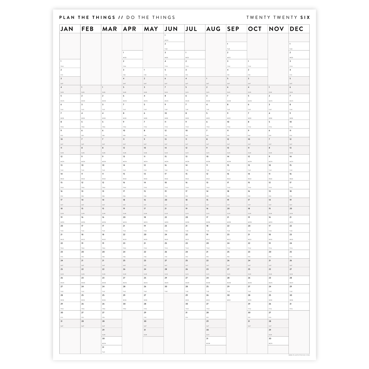 NEW! PRINTABLE VERTICAL 2026 WALL CALENDAR WITH ALIGNED GRAY WEEKENDS - INSTANT DOWNLOAD