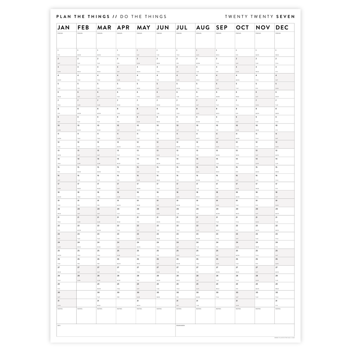 PRINTABLE VERTICAL 2027 WALL CALENDAR WITH GRAY WEEKENDS - INSTANT DOWNLOAD