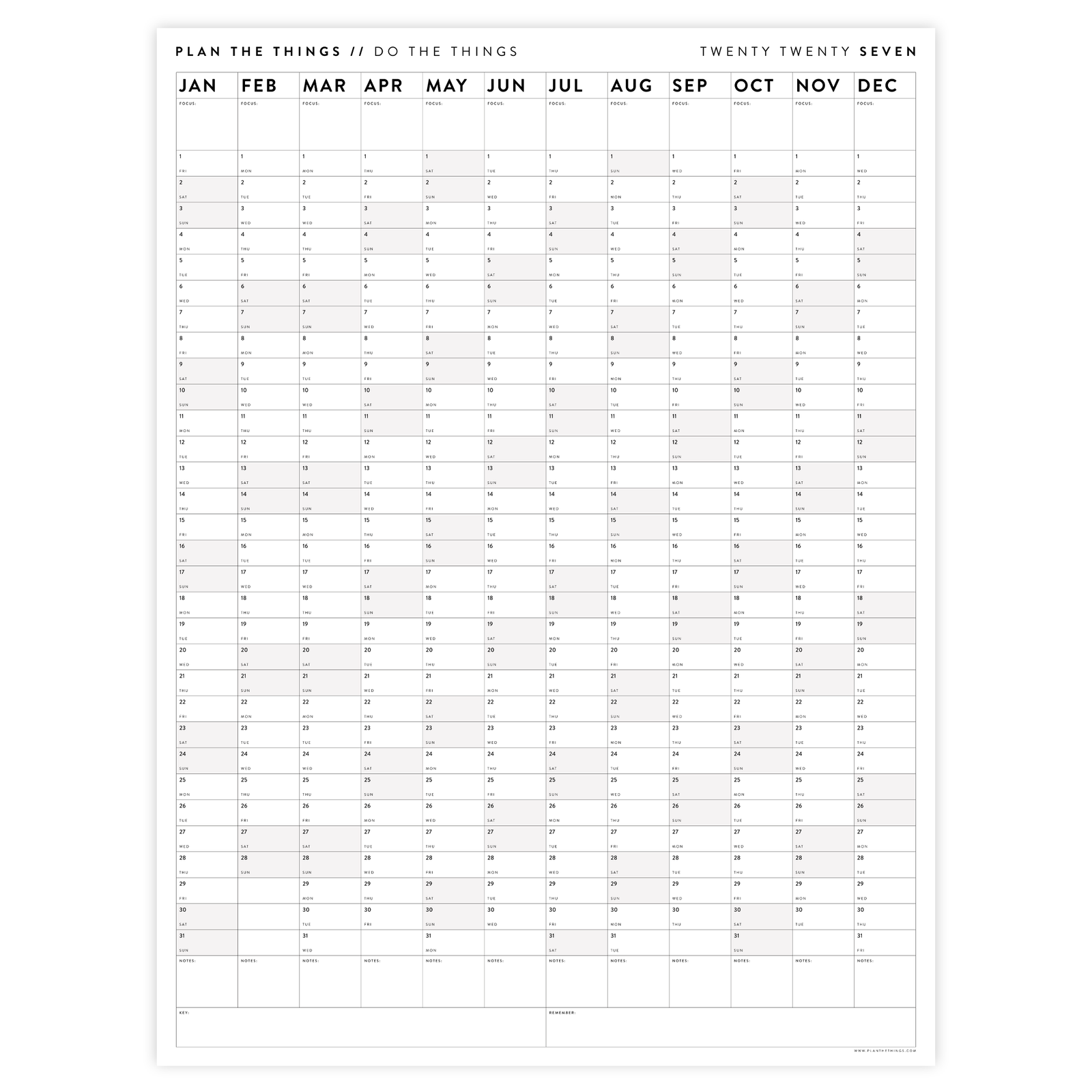 PRINTABLE VERTICAL 2027 WALL CALENDAR WITH GRAY WEEKENDS - INSTANT DOWNLOAD