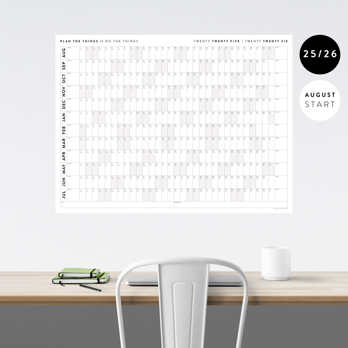 2025 -  2026 ACADEMIC WALL CALENDAR (AUGUST START) | SCHOOL CALENDAR | HORIZONTAL WITH GRAY WEEKENDS