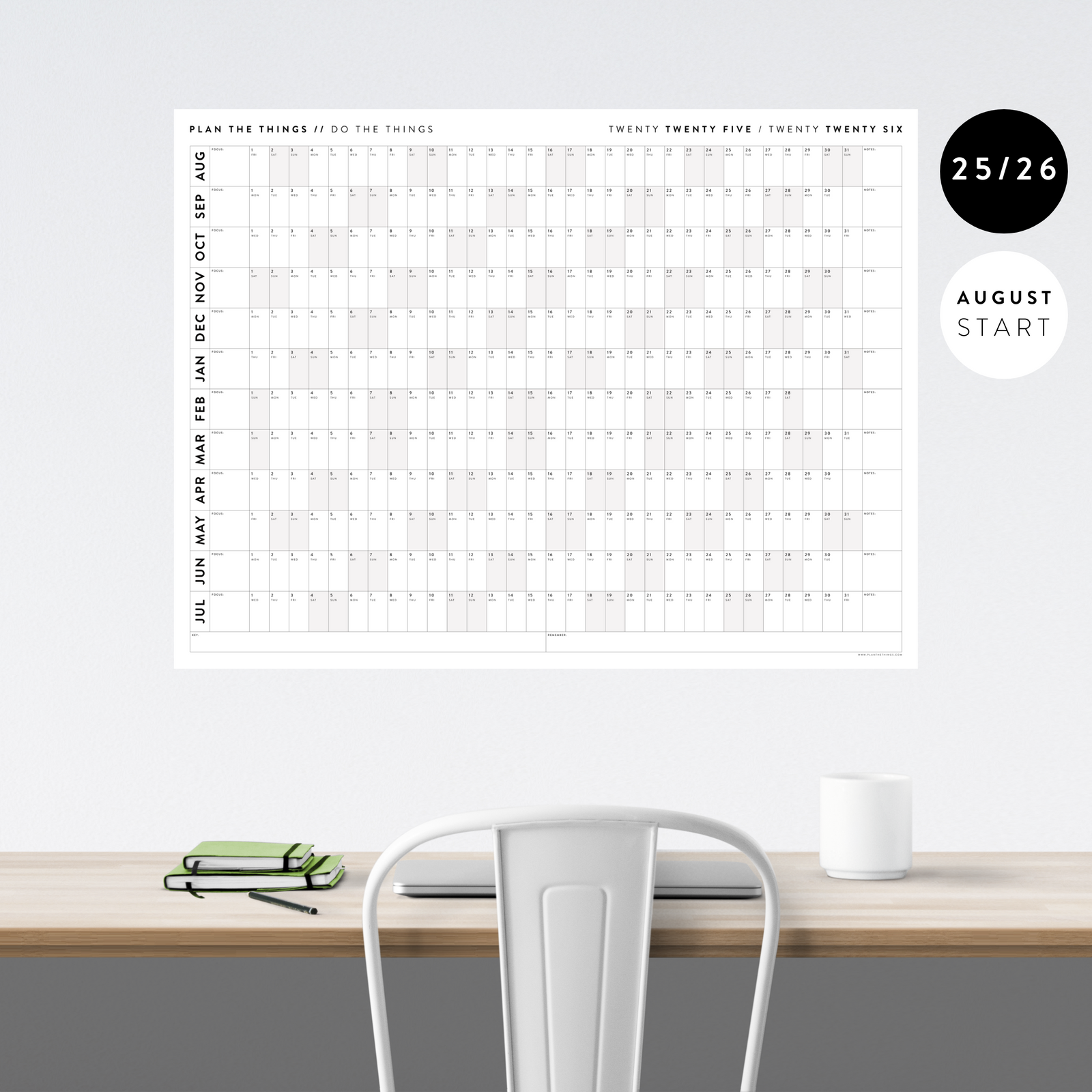 2025 -  2026 ACADEMIC WALL CALENDAR (AUGUST START) | SCHOOL CALENDAR | HORIZONTAL WITH GRAY WEEKENDS