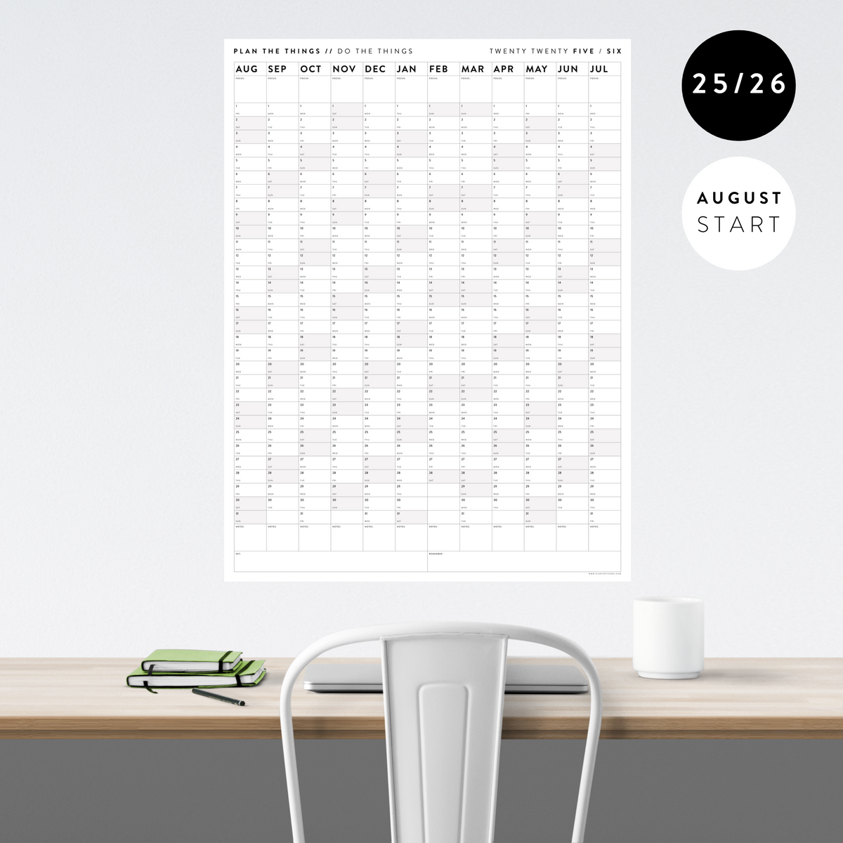 2025 - 2026 ACADEMIC WALL CALENDAR (AUGUST START) | SCHOOL CALENDAR | VERTICAL WITH GRAY WEEKENDS