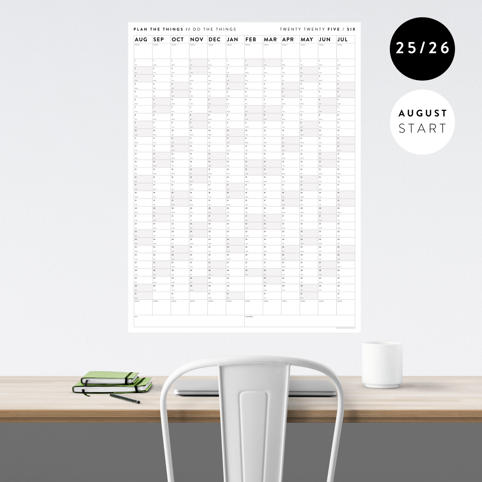 2025 - 2026 ACADEMIC WALL CALENDAR (AUGUST START) | SCHOOL CALENDAR | VERTICAL WITH GRAY WEEKENDS