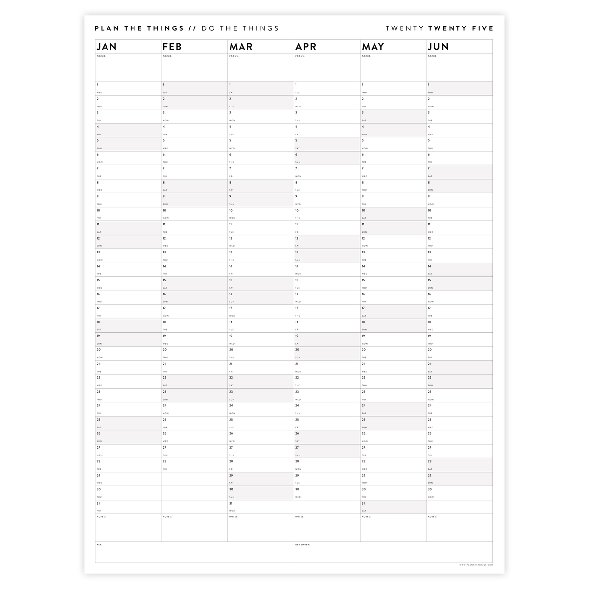 PRINTABLE SIX MONTH 2025 WALL CALENDAR SET WITH GRAY WEEKENDS - INSTANT DOWNLOAD