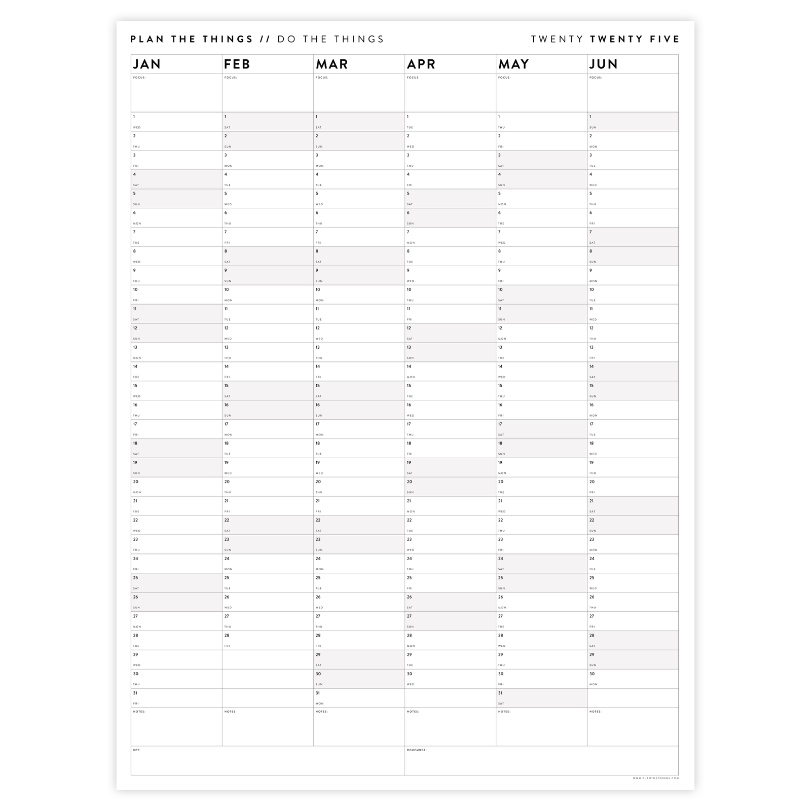 PRINTABLE SIX MONTH 2025 WALL CALENDAR SET WITH GRAY WEEKENDS - INSTANT DOWNLOAD