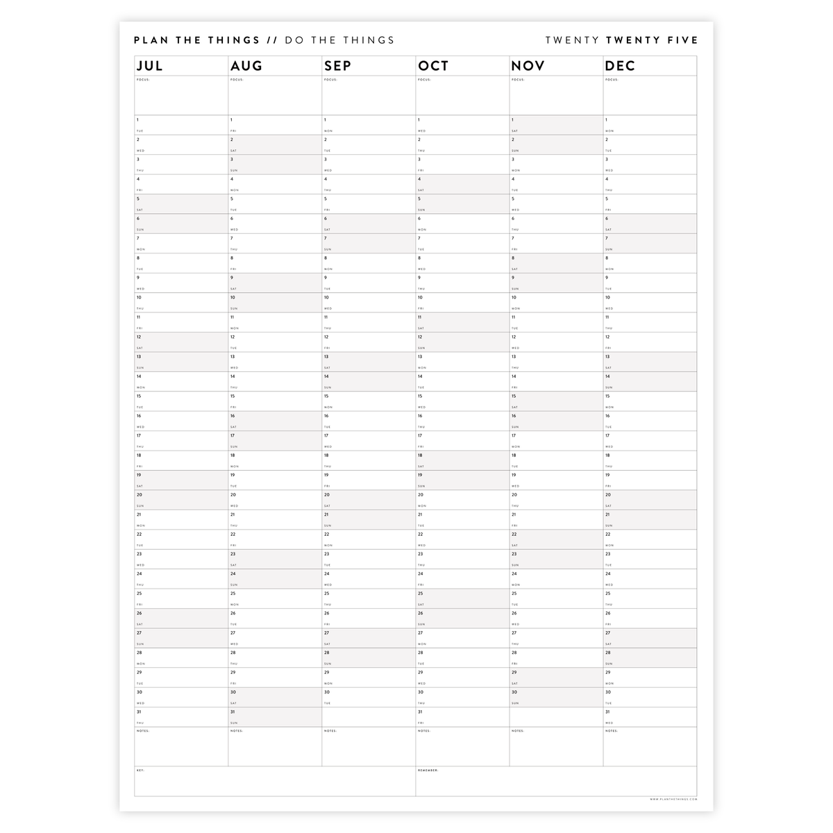 PRINTABLE SIX MONTH 2025 WALL CALENDAR SET WITH GRAY WEEKENDS - INSTANT DOWNLOAD