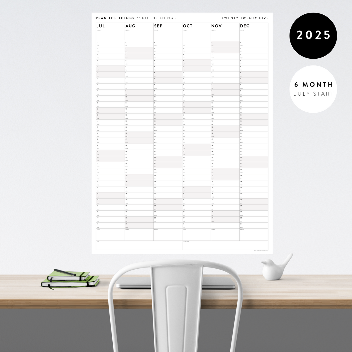 SIX MONTH 2025 GIANT WALL CALENDAR (JULY TO DECEMBER) WITH GRAY WEEKENDS