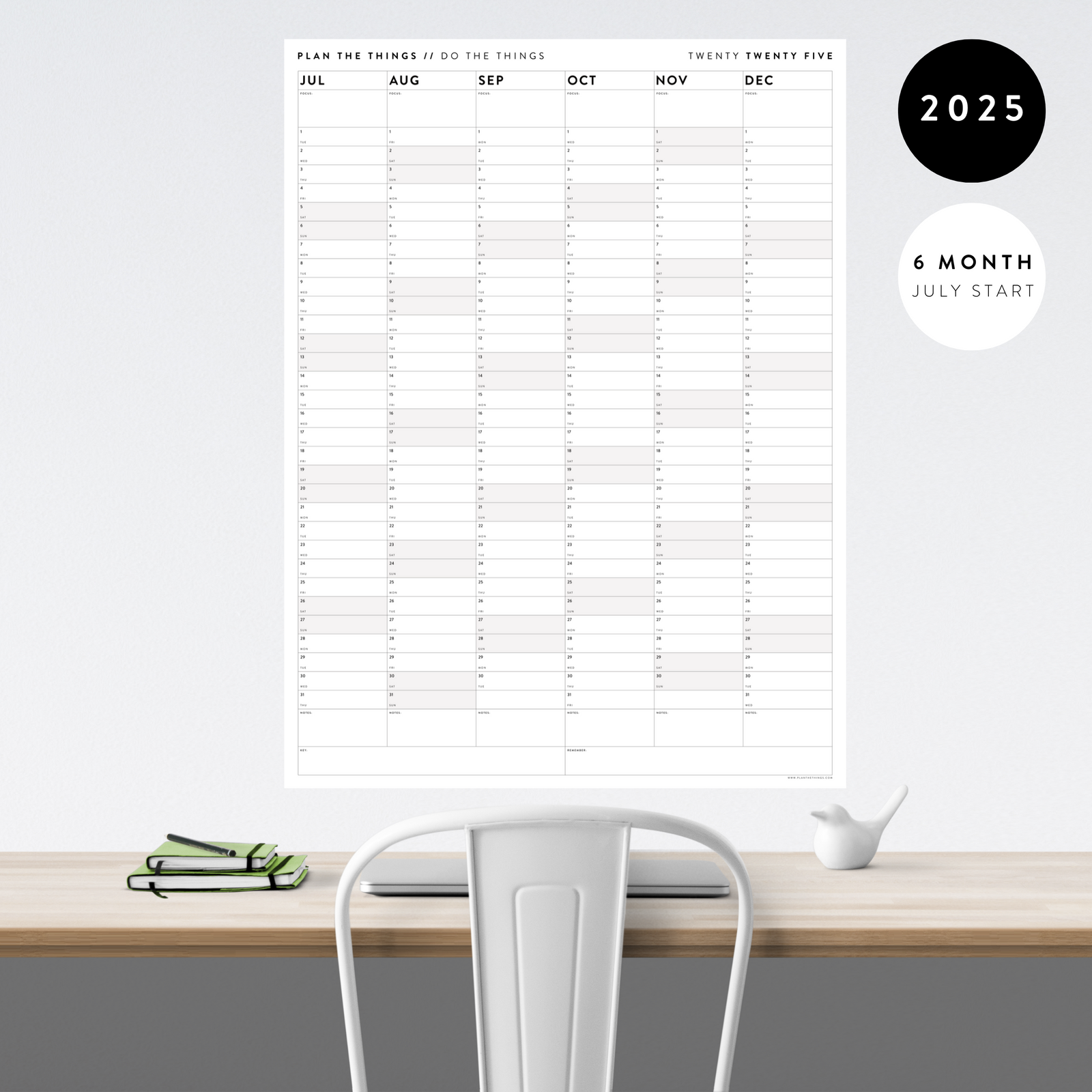 SIX MONTH 2025 GIANT WALL CALENDAR (JULY TO DECEMBER) WITH GRAY WEEKENDS