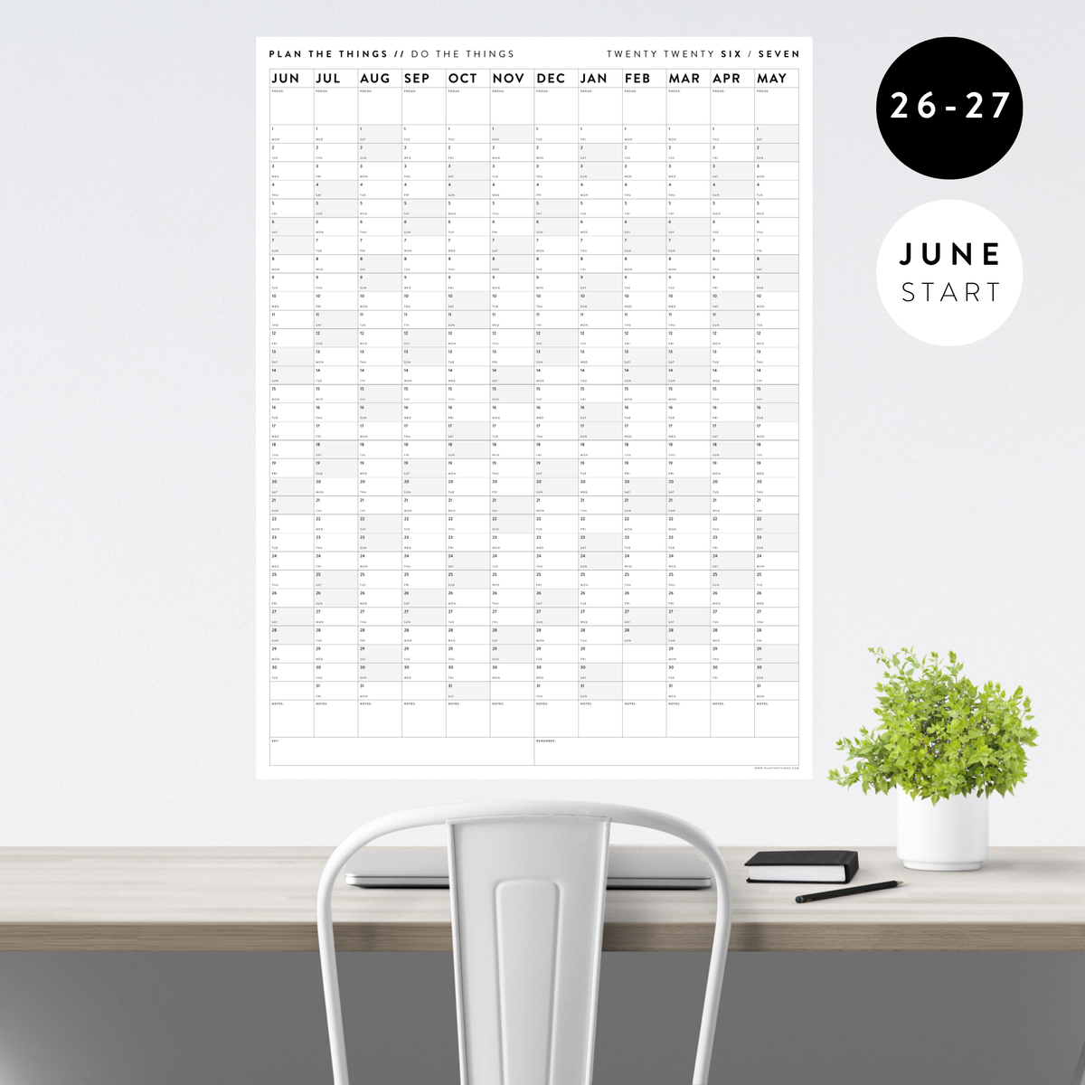 2026 - 2027 ACADEMIC WALL CALENDAR (JUNE START) | VERTICAL WITH GRAY WEEKENDS