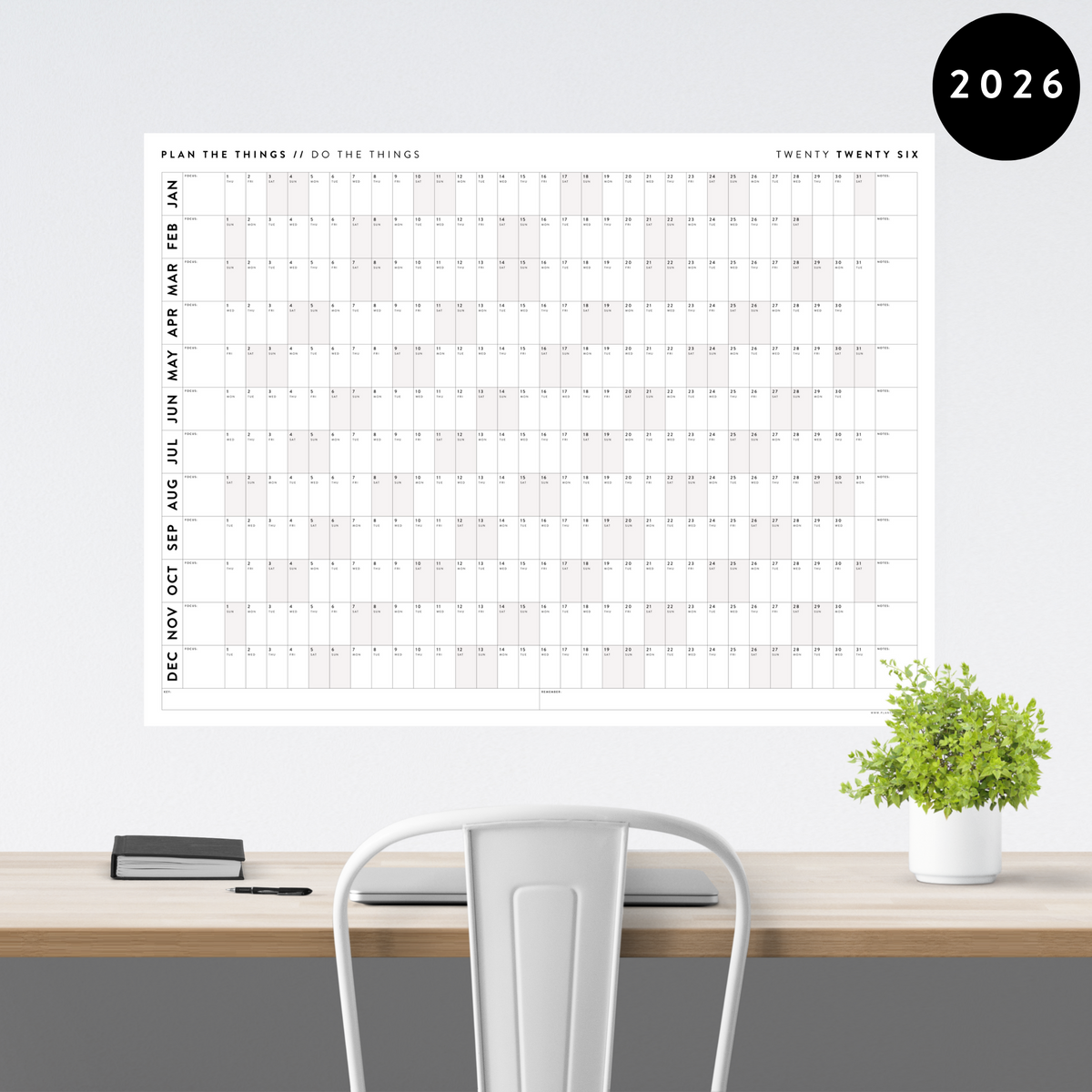 PRINTABLE 2026 HORIZONTAL WALL CALENDAR WITH GRAY WEEKENDS INSTANT D