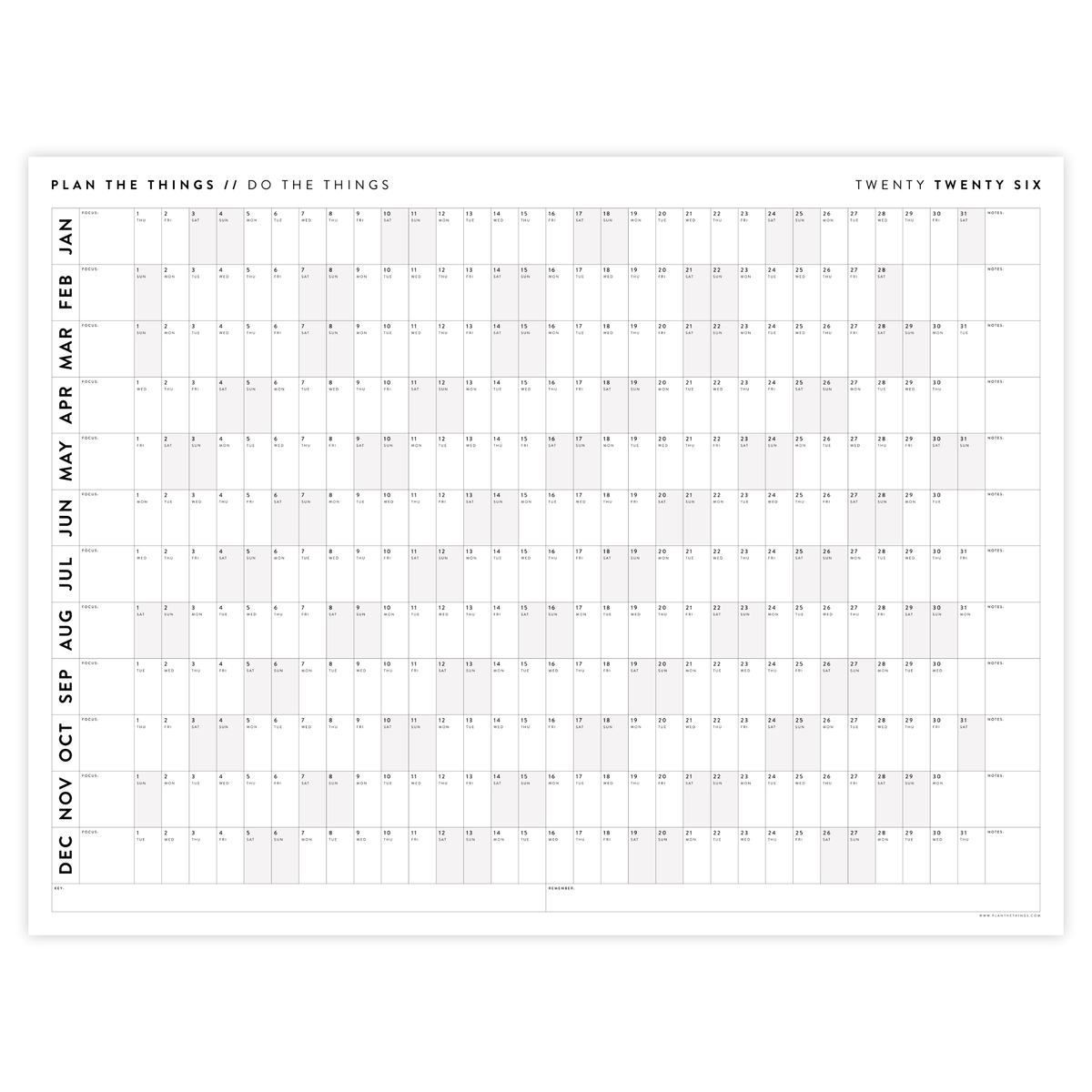 PRINTABLE 2026 HORIZONTAL WALL CALENDAR WITH GRAY WEEKENDS INSTANT D