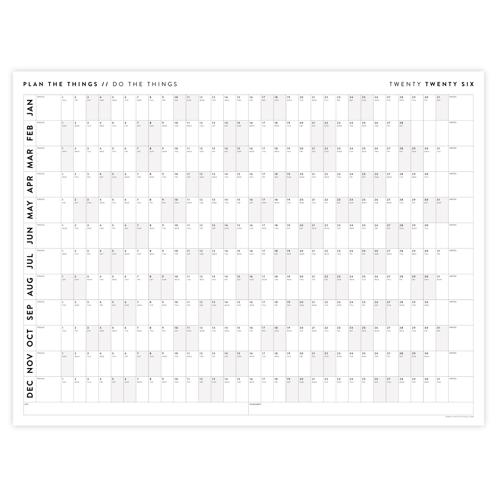 GIANT 2026 ANNUAL WALL CALENDAR | HORIZONTAL WITH GRAY WEEKENDS