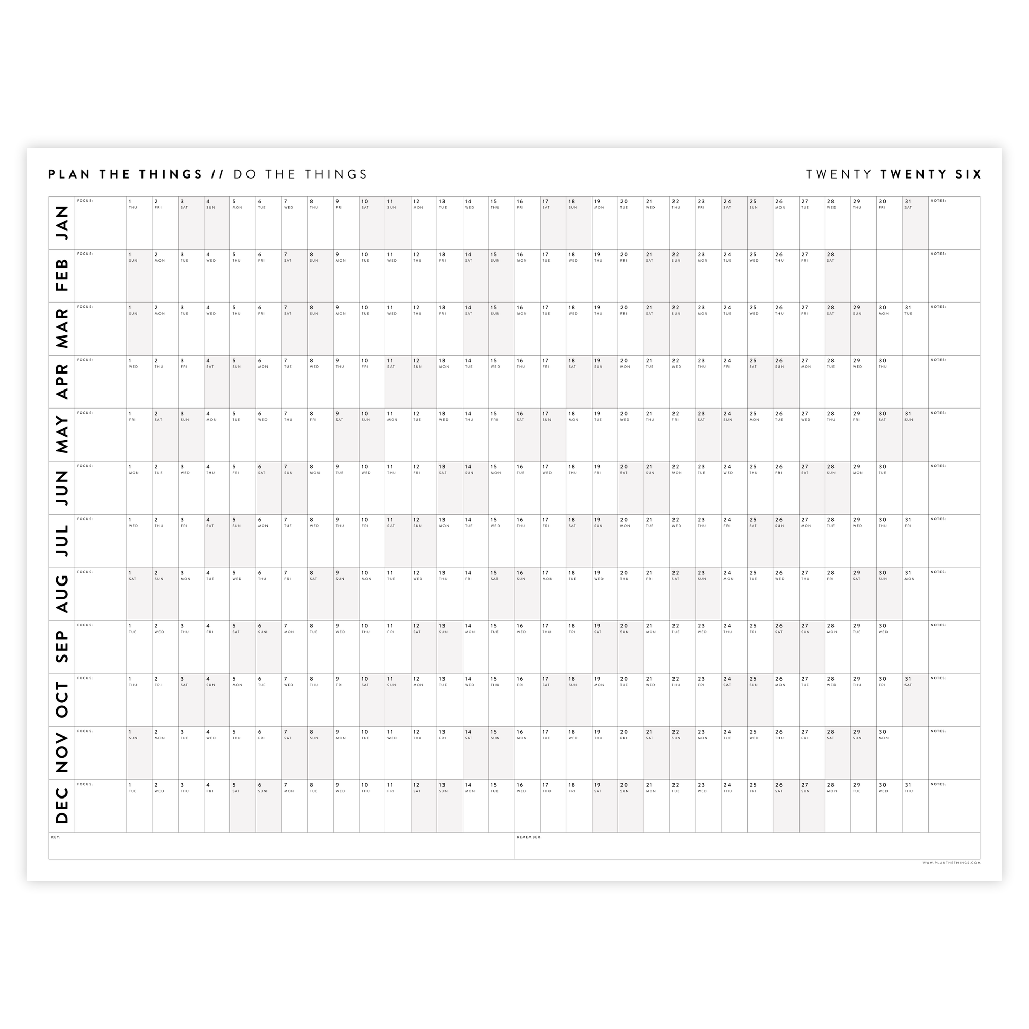 PRINTABLE 2026 HORIZONTAL WALL CALENDAR WITH GRAY WEEKENDS - INSTANT DOWNLOAD