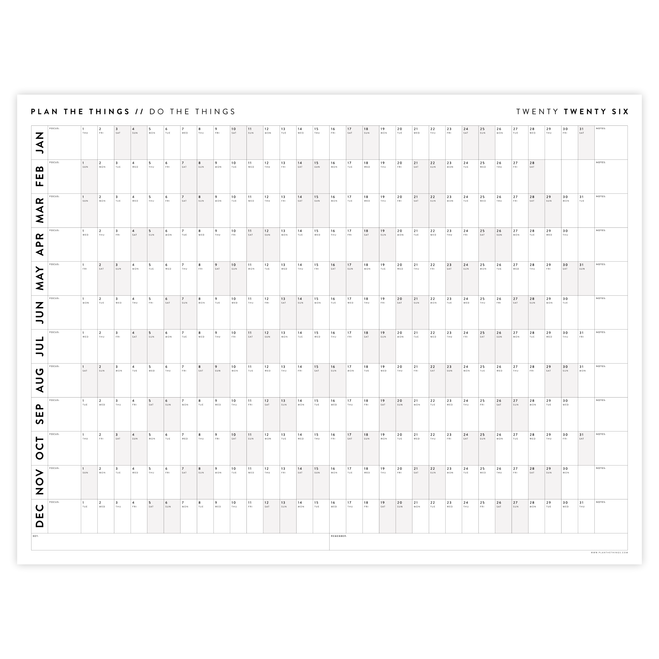 PRINTABLE 2026 HORIZONTAL WALL CALENDAR WITH GRAY WEEKENDS INSTANT D