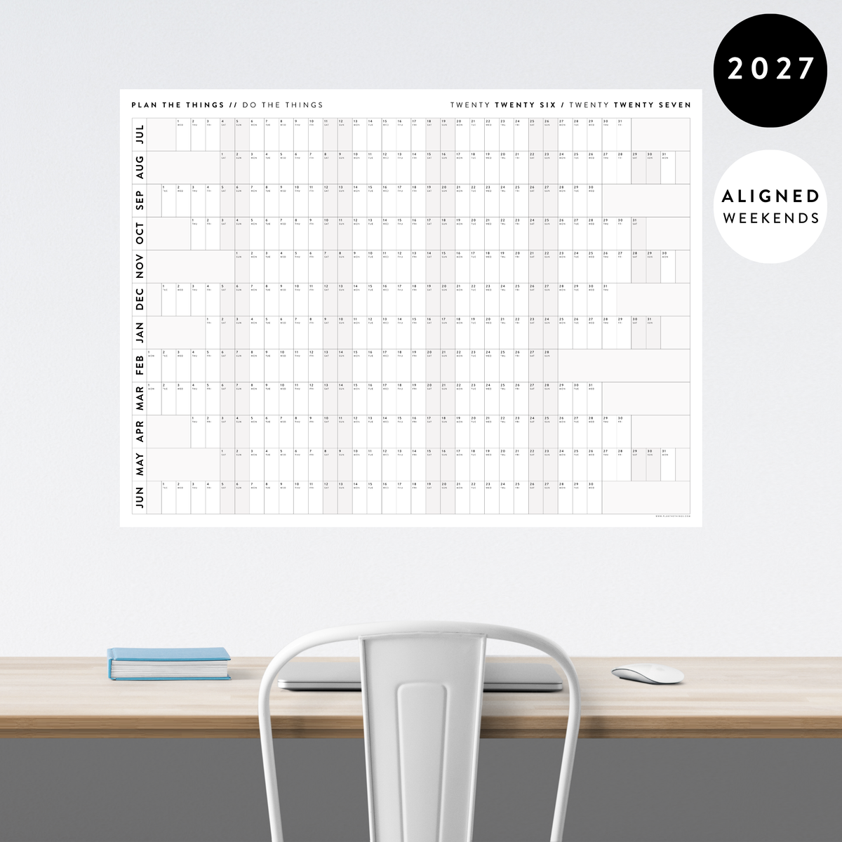 NEW! PRINTABLE 2027 HORIZONTAL WALL CALENDAR WITH ALIGNED GRAY WEEKENDS - INSTANT DOWNLOAD PRINT UP TO 48" x 36"