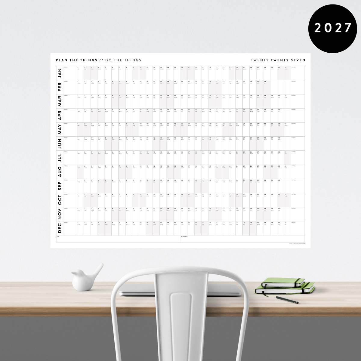 GIANT 2027 ANNUAL WALL CALENDAR | HORIZONTAL WITH GRAY WEEKENDS