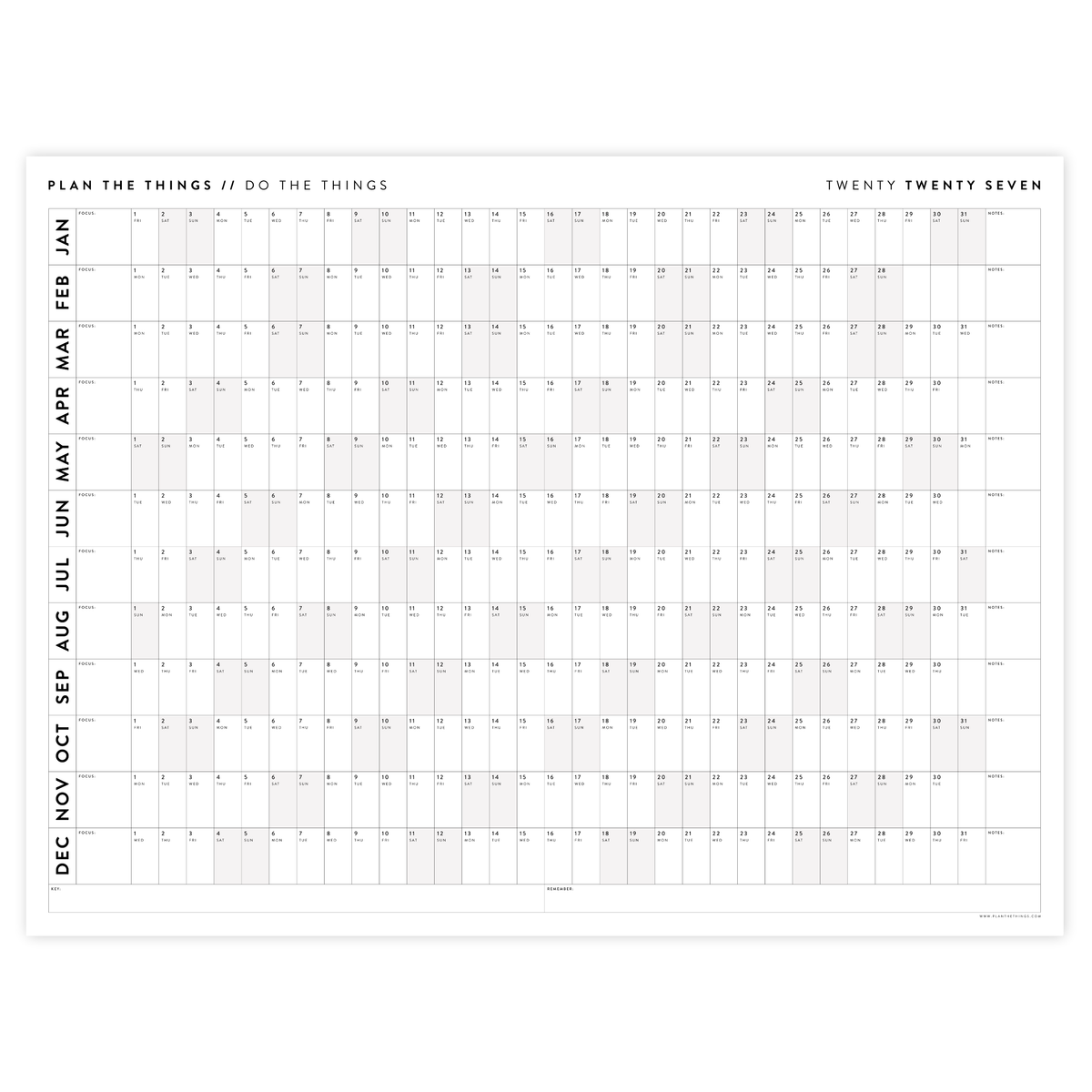 GIANT 2027 ANNUAL WALL CALENDAR | HORIZONTAL WITH GRAY WEEKENDS