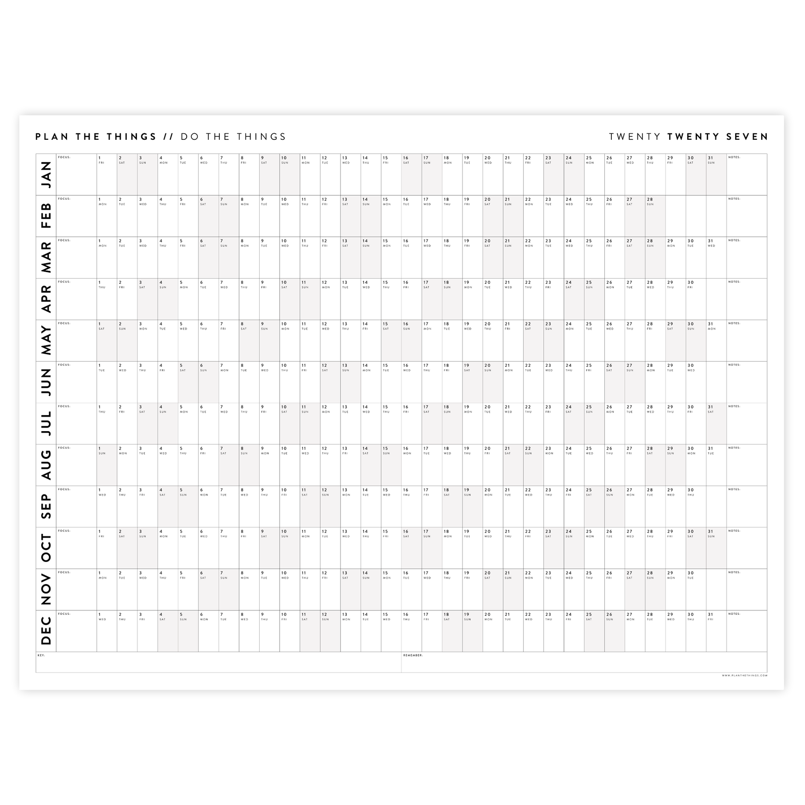 GIANT 2027 ANNUAL WALL CALENDAR | HORIZONTAL WITH GRAY WEEKENDS