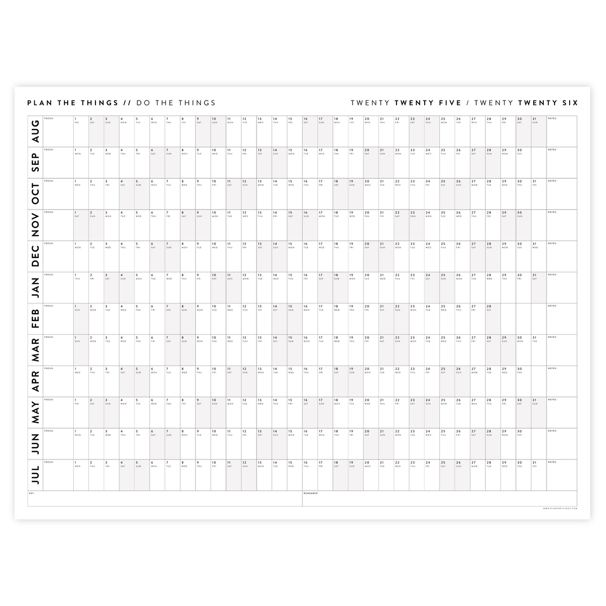 2025 -  2026 ACADEMIC WALL CALENDAR (AUGUST START) | SCHOOL CALENDAR | HORIZONTAL WITH GRAY WEEKENDS