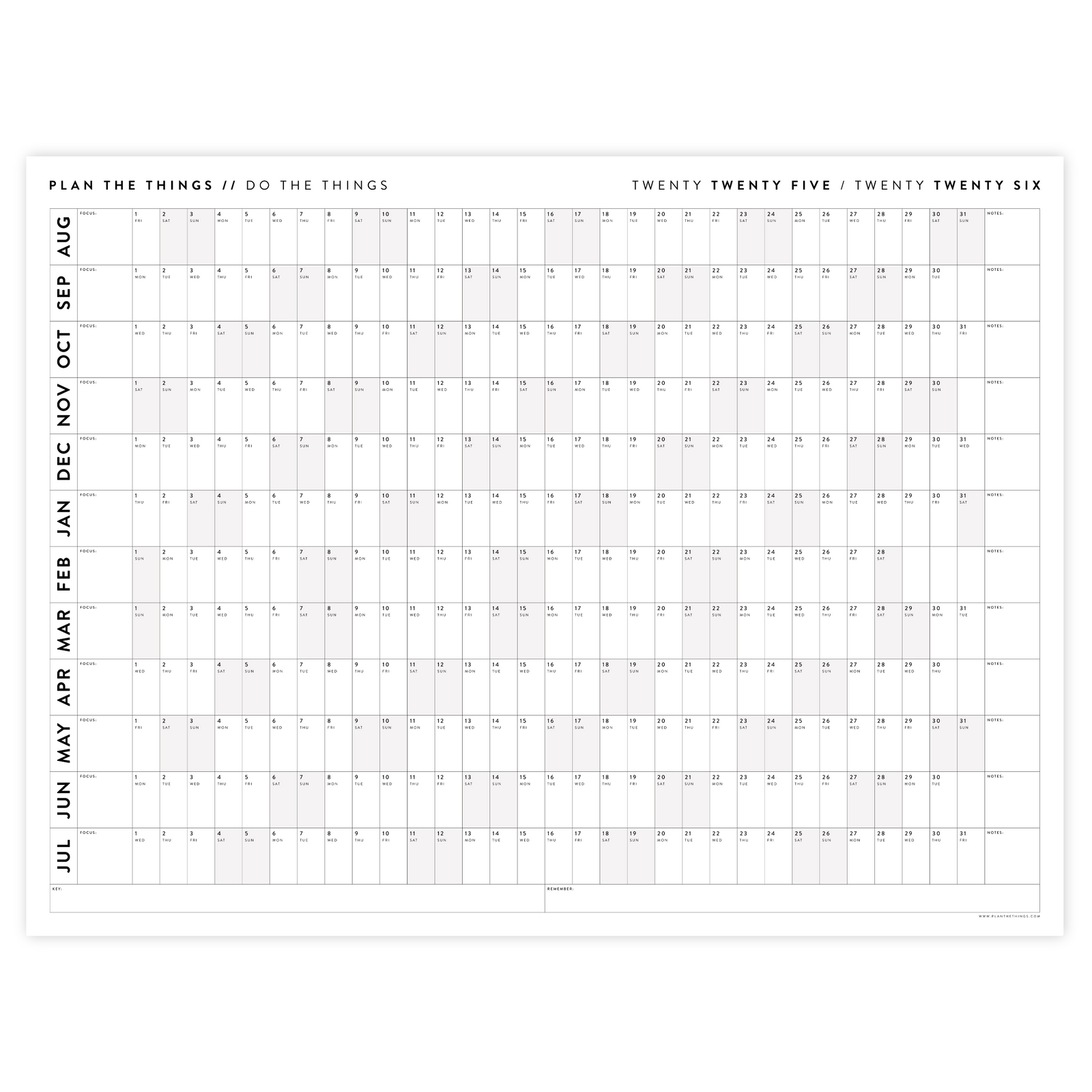 2025 -  2026 ACADEMIC WALL CALENDAR (AUGUST START) | SCHOOL CALENDAR | HORIZONTAL WITH GRAY WEEKENDS