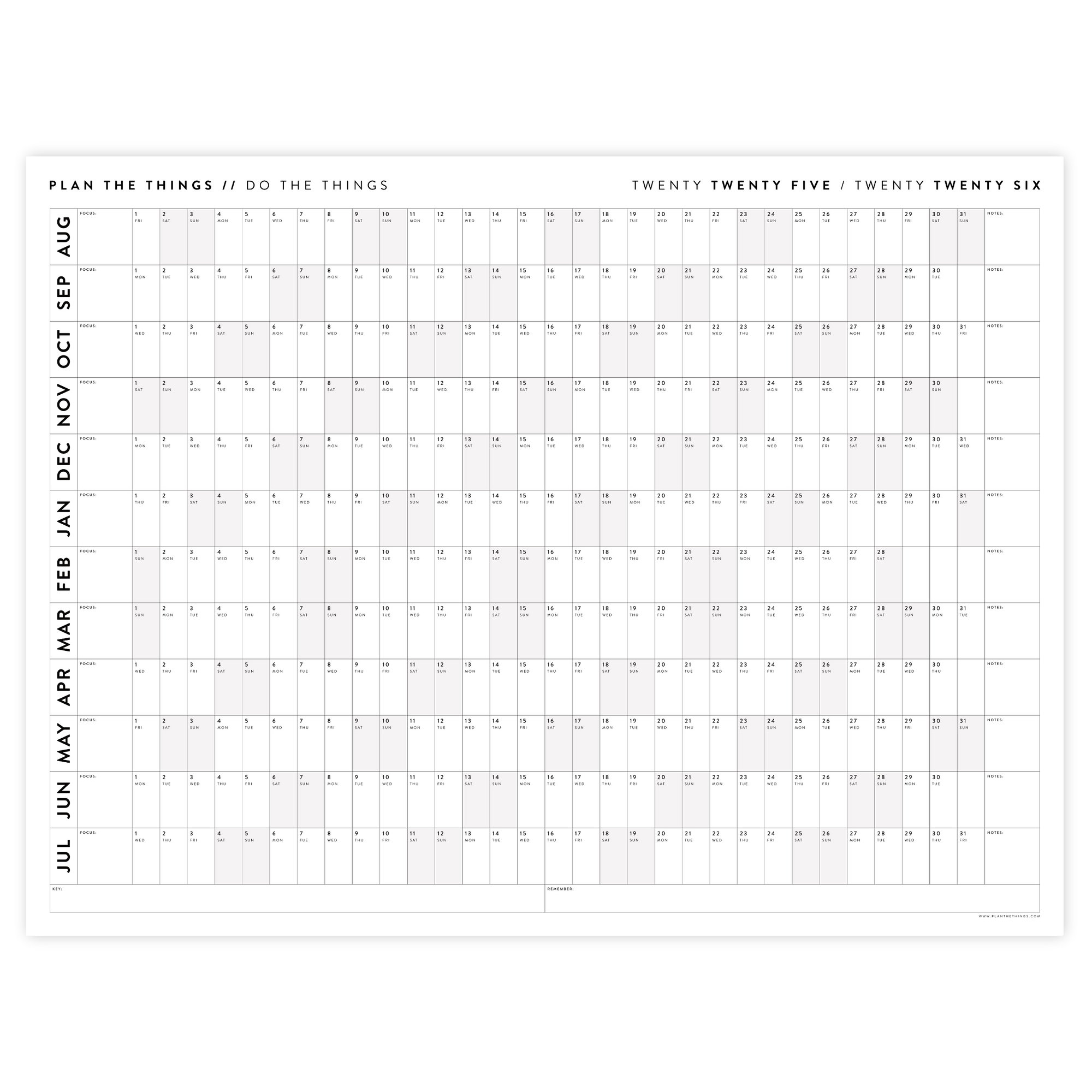 PRINTABLE 2025 - 2026 ACADEMIC WALL CALENDAR (AUGUST START) | HORIZONTAL WITH GRAY / GREY WEEKENDS - INSTANT DOWNLOAD