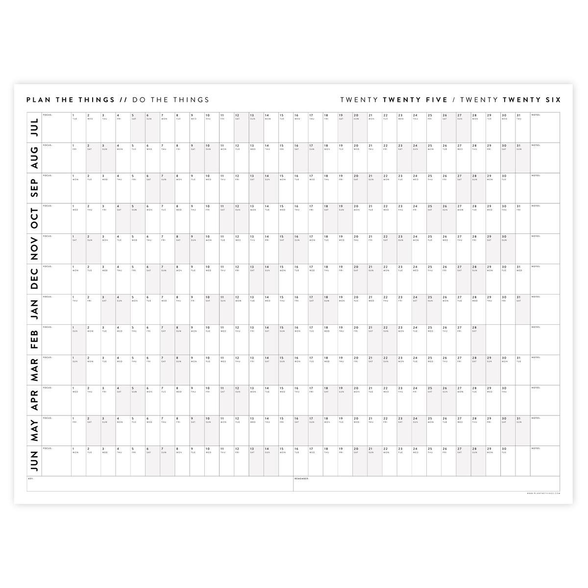 PRINTABLE 2025 - 2026 ACADEMIC WALL CALENDAR (JULY START) | HORIZONTAL WITH GRAY WEEKENDS - INSTANT DOWNLOAD